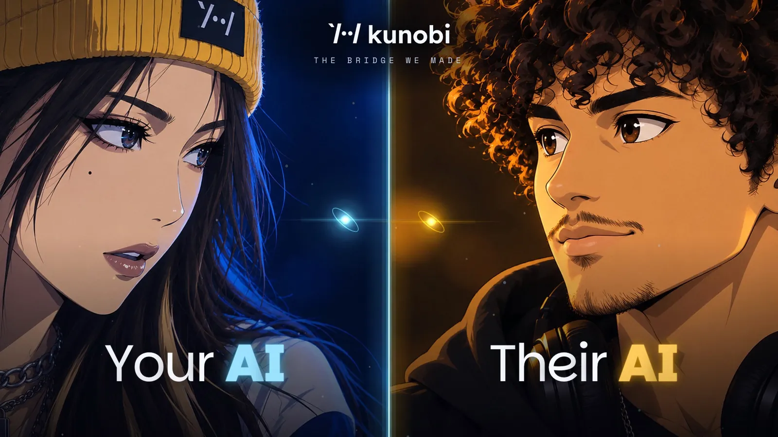 Two faces split by a seam of light, hers in cyan and his in amber: Your AI, Their AI