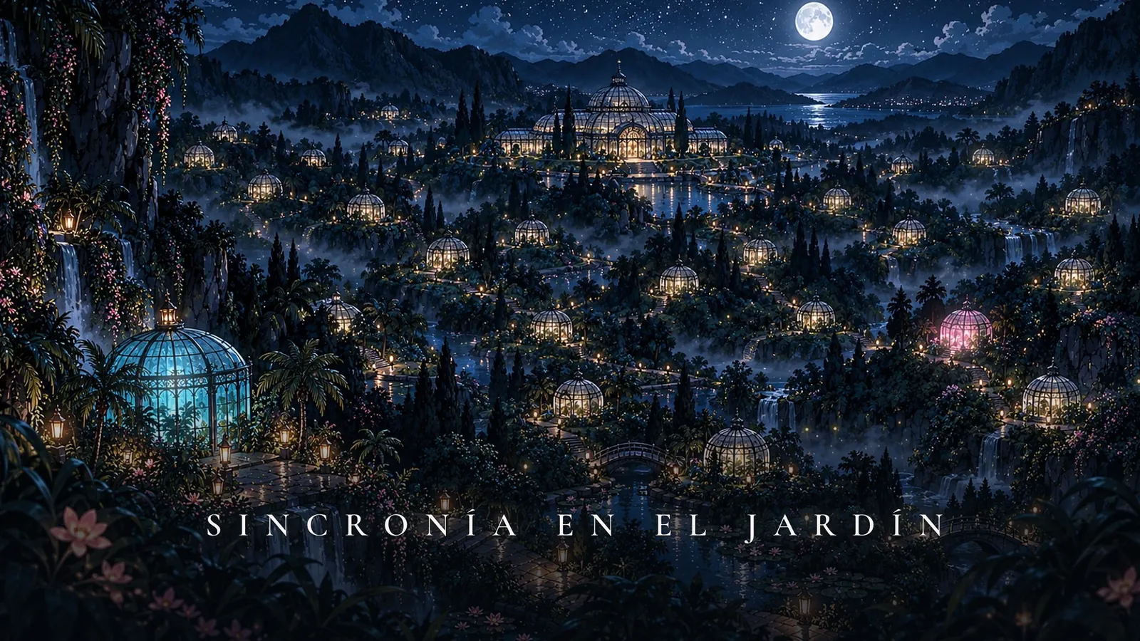 Un valle de cúpulas de cristal iluminadas bajo la luna
