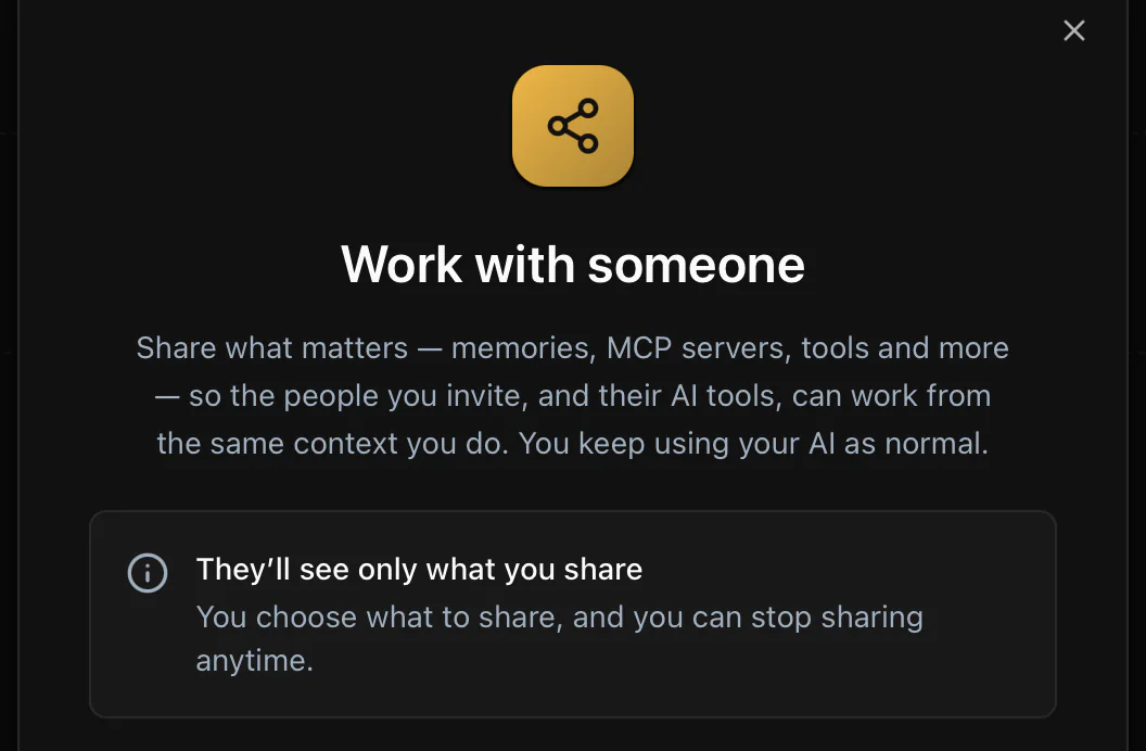 Der Dialog „Work with someone“ in der Entwicklungsversion von Kunobi. Er sagt, dass eingeladene Personen nur sehen, was du teilst, und dass du das Teilen jederzeit beenden kannst.
